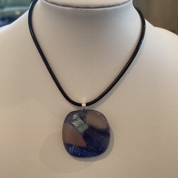 Hand crafted purple , white and dichroic fused glass pendant on black cord - Picture 4 of 11